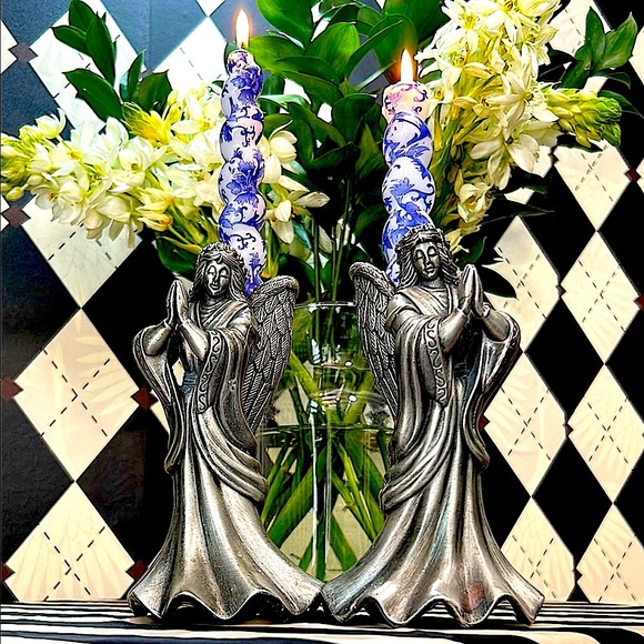 Vintage Pewter Angels Candle Holder Set – Double as Bookends – Unique & Gorgeous - Picture 1 of 14